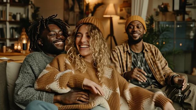 Young Diverse Group of Friends Laughing and Chatting at Cozy Indoor Gathering in Warm Clothing