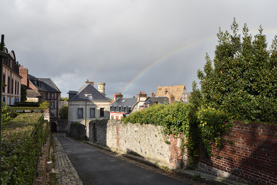 Historic Buildings in the City Center of Honfleur with Rainbow, Normandy, France