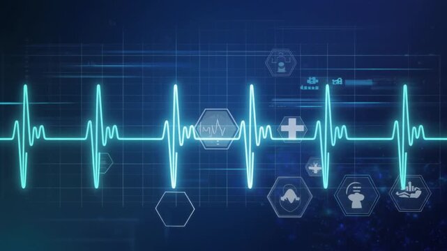 Digital electrocardiogram heartbeat line with medical icons and grid background Keywords: EKG, ECG, electrocardiogram, heart rate, heartbeat, pulse, medical, health, healthcare, technology