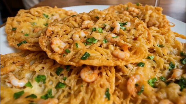 Raci&oacute;n de tortillitas de camarones reci&eacute;n fritas servidas en una mesa de madera de una taberna tradicional, acompa&ntilde;adas de una copa de vino blanco tipo manzanilla y una cesta de pan, con barriles de m
