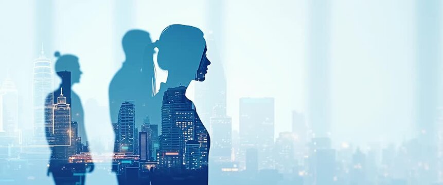 Silhouetted business professionals in a futuristic cityscape, with gentle ambient motion of city lights flickering; camera slowly pans across a cinematic urban skyline, adding depth and intrigue.