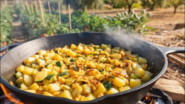 Sart&eacute;n de hierro fundido sobre una hoguera de le&ntilde;a en medio de una huerta, cocinando un zarangollo murciano con dados de patata, calabac&iacute;n y huevo, rodeado de cultivos de tomates y pimientos