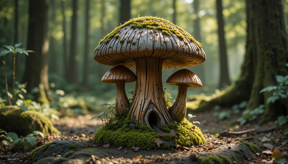 Wooden mushroom sculpture in rustic style covered with moss in a shady forest