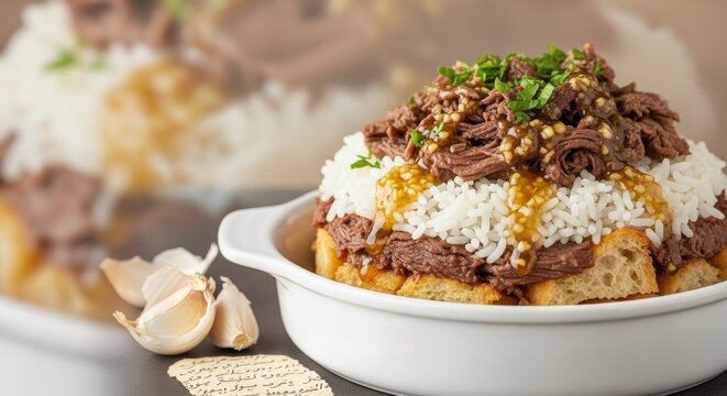 Traditional Egyptian Fatta with Garlic-Vinegar Sauce and Left Copy Space