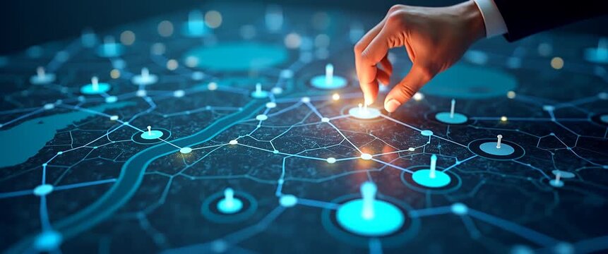 A hand strategically places a glowing pin on a digital network map, as the camera slowly pans, with ambient light flickering in a cinematic style, highlighting technology and innovation.