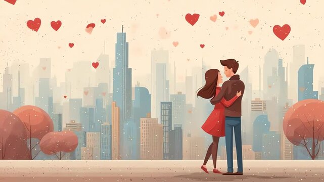 Romantic Couple Hugging Against City Skyline Love Illustration