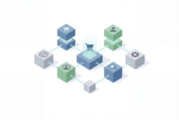 Obraz premium Digital marketplace network connecting consumer behavior insights, cognitive analytics, user interface design, and automated purchasing system functionality in a streamlined visual framework