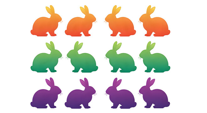 Glowing rabbits isolated on transparent background in colorful rows