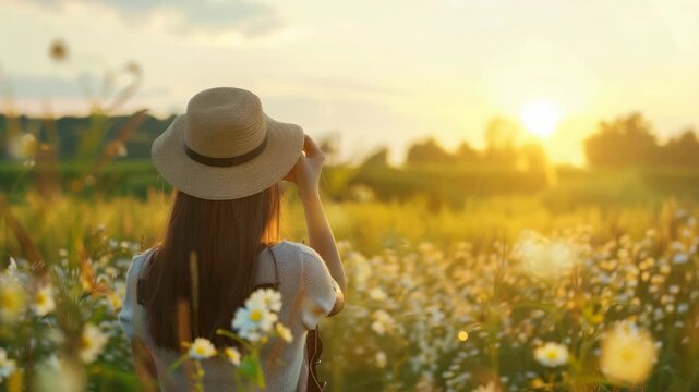 Woman in field at sunset with hat looking into distance