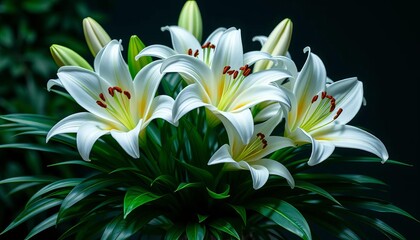 Fototapeta premium Elegant bouquet of pristine white lilies, lush greenery, wedding, garden