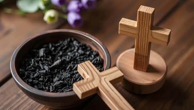 A still life of wooden crosses and a bowl of ashes for Ash Wednesday, a Christian religious event