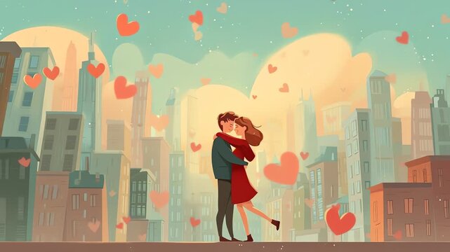 Romantic Hug in Cityscape with Hearts