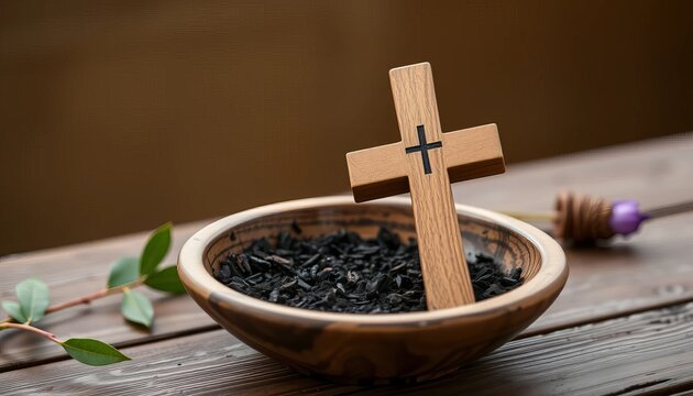 A wooden cross standing in a bowl of ashes on a table with a sprig of greenery and honey dipper