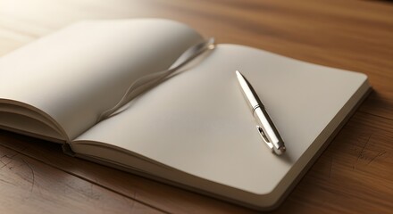 Blank notebook and pen on wooden desk for writing or planning