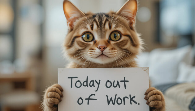 Cat holding a sign saying "Today out of work!", humorous pet portrait
