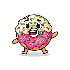 Fototapeta premium Cute Cartoon Donut Character Mascot with Pink and White Frosting and Colorful Sprinkles, Happy Smiling Sweets Illustration for Kids Bakery Menu and Web Project