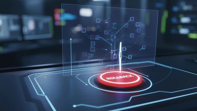 Ai developer programming coding technology futuristic interface risk control as hand presses red button for urgent software rollback and digital