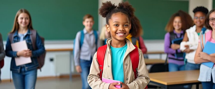Joyful children in a classroom setting hold colorful notebooks as the camera slowly pans, capturing their cheerful expressions and school environment in a bright, cinematic style.