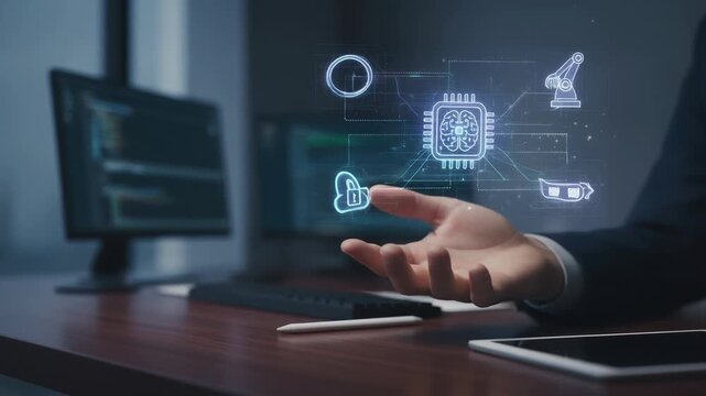 Ai developer programming coding technology interface for secure cloud automation and digital data integration over digital brain chip hover above