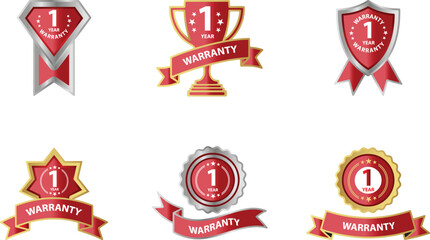 Red warranty badges with one year guarantee on white background