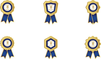 Golden and blue warranty badges with eight year guarantee on white background