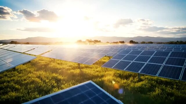 Solar Panels in the Sunlight: A vast array of solar panels gleam under a bright sun, set in a lush field with the mountains in the background, symbolizing sustainable power, renewable energy.