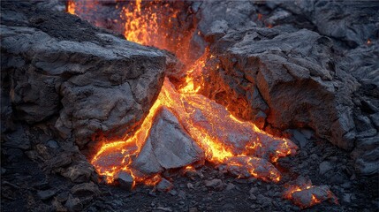 Erupting Volcano with Glowing Orange Lava Flowing Through Dark Volcanic Rock Landscape in Iceland
