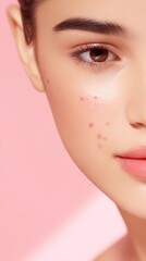 Fototapeta premium Portrait of a young woman against a pink background, showing acne spots on her cheek in softly, warm lighting