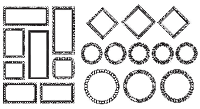 A collection of ornate black and white photo frames and borders in various shapes and sizes for graphic design and decoration purposes.