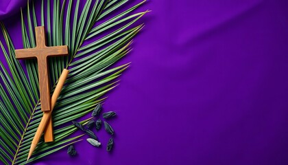 A symbolic arrangement of palm leaves, a cross, and candles on a purple background for Holy Week or Lent