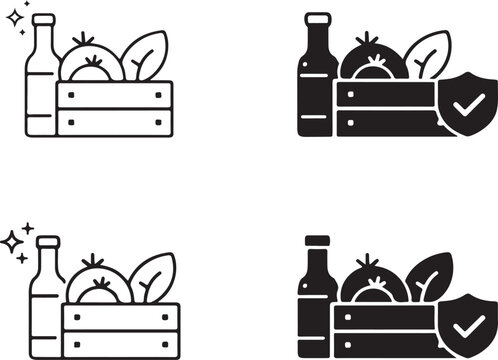 produce caret illustrations of wooden crates filled with fruits and vegetables isolated on white background, illustration