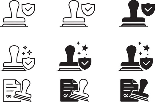 Rubber stamp icons representing different types of approval and verification processes isolated on white background, illustration