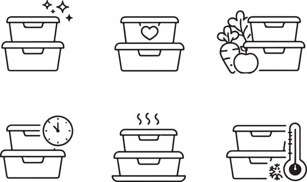 Stackable food container icons Illustrations of various types of food storage containers and their uses isolated on white background, illustration