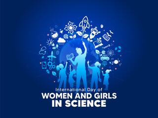 Naklejka premium International day of women and girls in science background. Girl and female teacher with Science learning and innovation vector illustration.