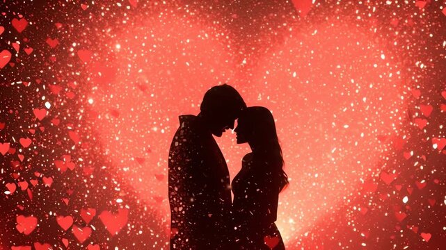 Romantic Couple Silhouette Red Glitter Heart Background