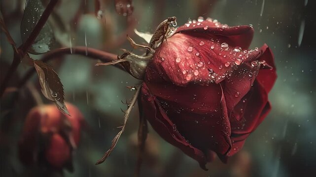 Moody close up of a dark red rose blossom covered in raindrops