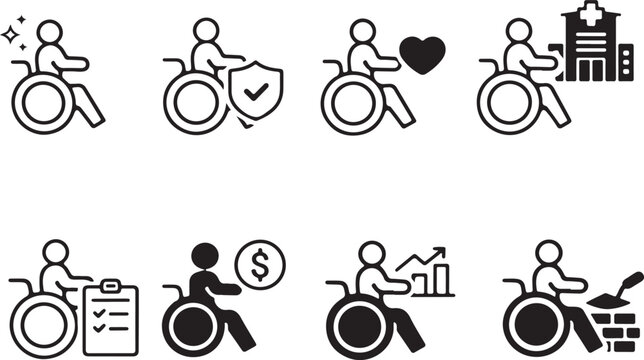 Symbols representing various aspects of disability and accessibility isolated on white background, illustration