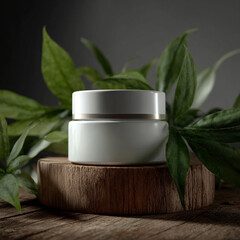 Minimalist white moisturizer jar centered on wooden podium and plants around.