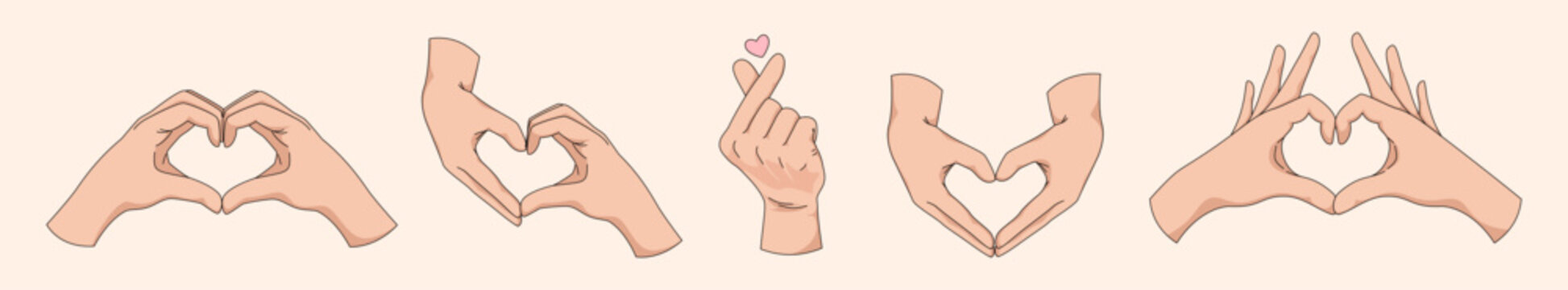 Set of hands making heart shape love gesture. Vector illustration