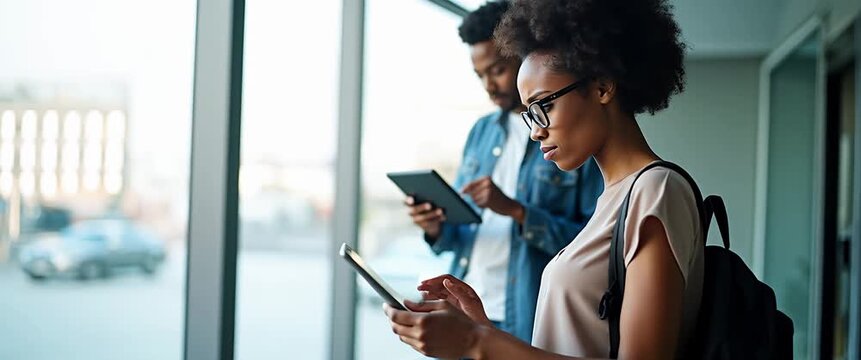 Professionals engrossed in digital tablets in a modern office; camera slowly pans, ambient light flickers, capturing a cinematic, focused atmosphere ideal for technology, business, and productivity th