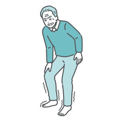 足の痺れ・痛みに耐える高齢男性のイラスト（脊柱管狭窄症・糖尿病・坐骨神経痛）