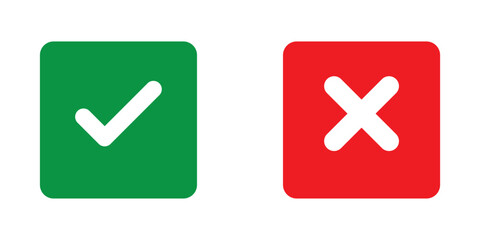 Obraz premium Check mark or tick mark and cross sign. Green check and red X icons, Right or wrong icons. Checkmark and x mark icon for apps and websites. Buttons for vote, election choice decision and web use.