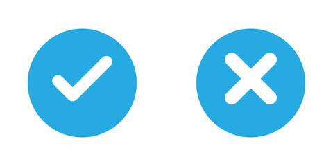 Obraz premium Check mark or tick mark and cross sign. Green check and red X icons, Right or wrong icons. Checkmark and x mark icon for apps and websites. Buttons for vote, election choice decision and web use.