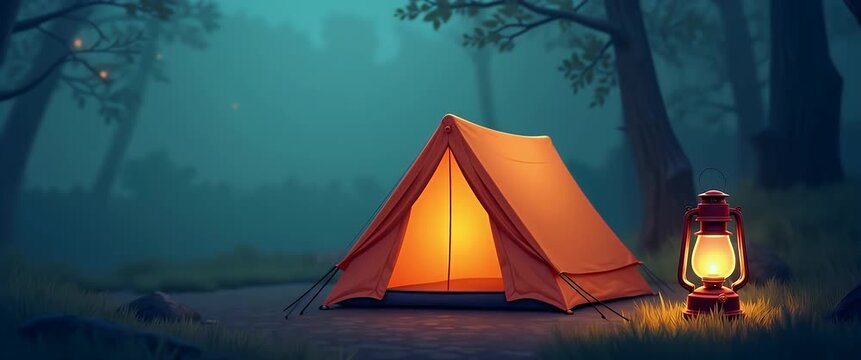 Serene camping scene with a glowing tent, gentle breeze swaying leaves, and soft lantern light flickering in a tranquil forest; cinematic slow pan captures peaceful nature ambiance.