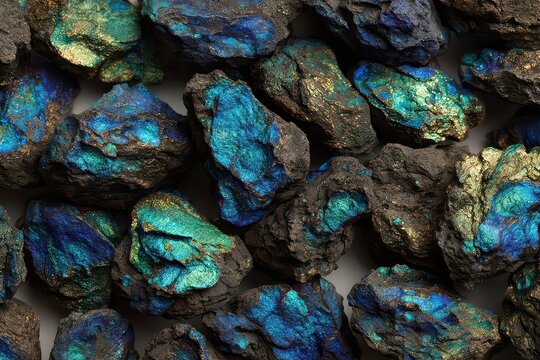 Pile of Chalcopyrite Mineral Stones with Iridescent Tarnish on White Backdrop Closeup