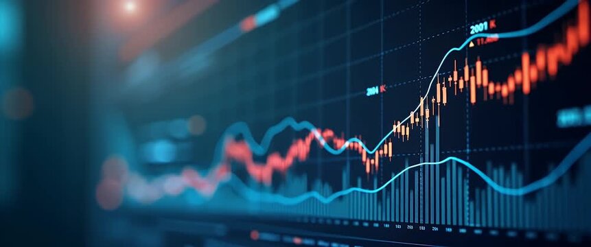 Dynamic financial chart analysis, with data lines flowing smoothly across the screen; camera slowly pans to capture the entire graph, while ambient lights flicker for a cinematic, professional effect.