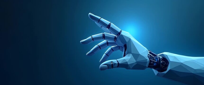 Futuristic robotic hand gently opens, releasing glowing particles into the air, as the camera pans slowly across a minimalist blue background, evoking a cinematic exploration of artificial intelligenc
