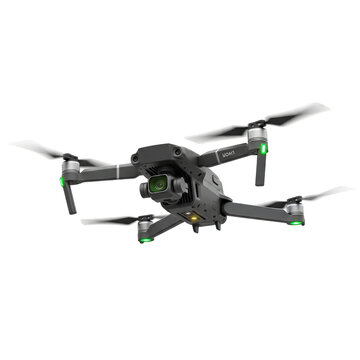 Modern quadcopter drone in mid-flight with extended landing gear isolated on transparent background