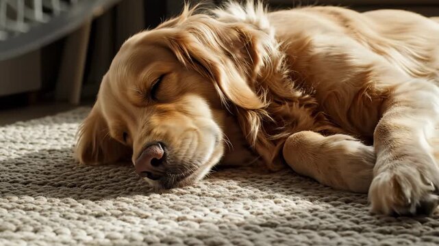 A golden retriever peacefully naps on a soft rug in a sunlit living room. The gentle breeze from the fan adds to the relaxing atmosphere, creating a perfect spot for rest.