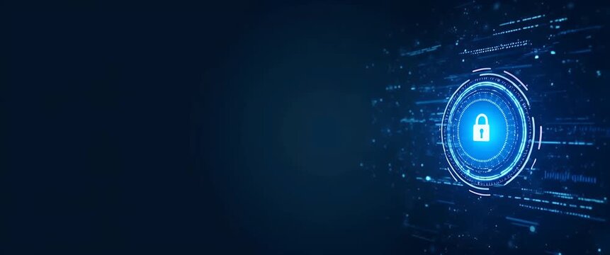 Digital security lock icon rotates over a world map with glowing data points; camera slowly pans across the scene, highlighting cybersecurity concepts in a futuristic, cinematic style.